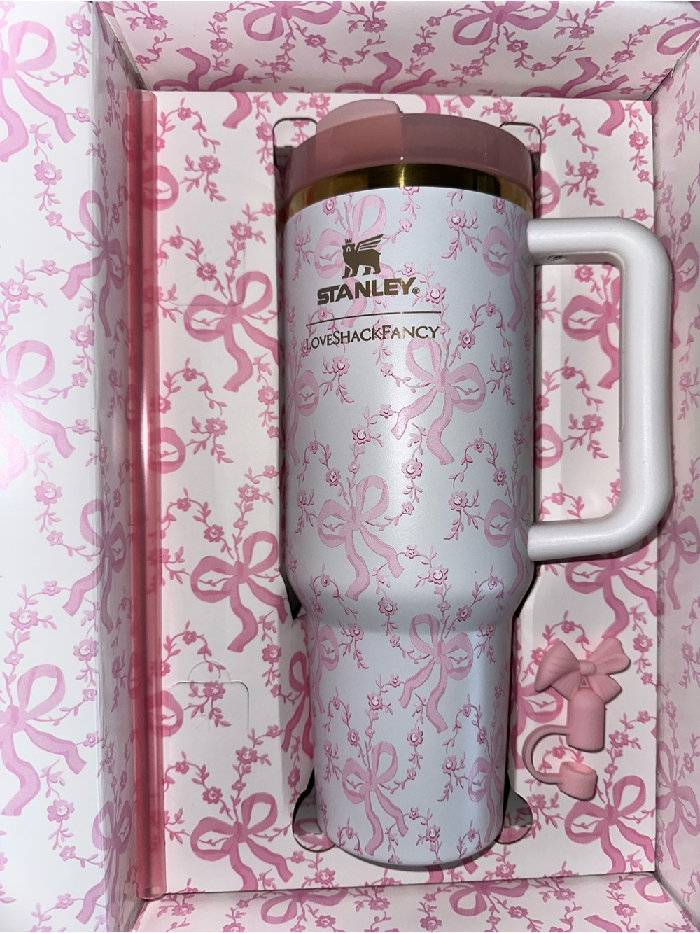 Stanley X White & Pink Floral Travel Mug with Gold Accent - Picture 2 of 6